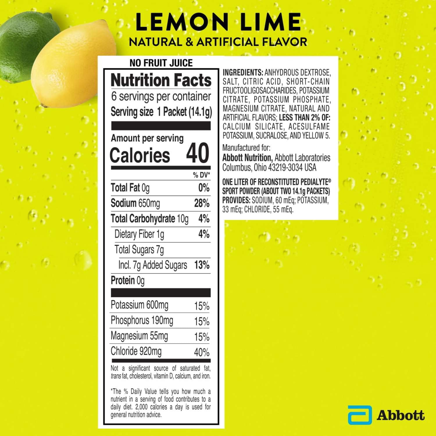 (2 pack) Pedialyte Sport Electrolyte Powder, Lemon Lime, 6 Powder Packets