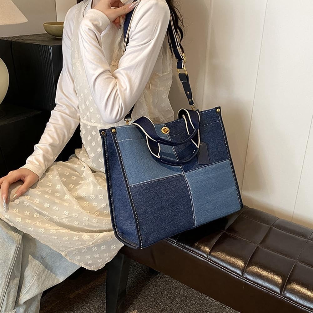Denim Tote Bag Women Large Shoulder Bag Vintage Satchels Bag Cute Hobo Bags Casual Work Travel College Tote Handbag 2024