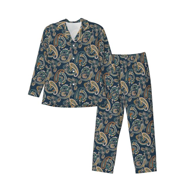Fotbe Indian Paisley 2 Pijama de Hombre con Estampado de Manga Larga, Conjunto de 2 Piezas, Ropa de Dormir Suave y Cómoda con Bolsillos-Medium