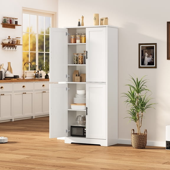 70" Tall Kitchen Pantry Cabinet, Freestanding Storage Cabinet with 4 Doors & Adjustable Shelves, Modern Utility Cupboard Hutch for Dining Room, Living Room & Bathroom