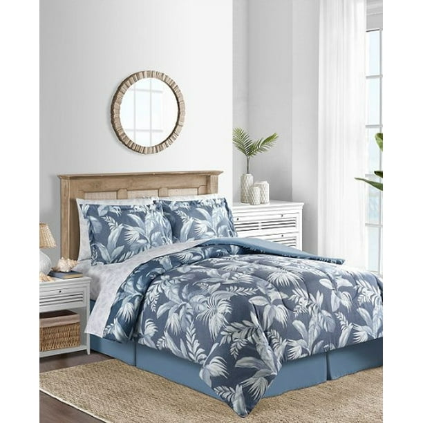 Charcoal Blue Coastal Palm Leaves Island Beach House Reversible Twin Comforter Set 6 Piece Bed In A Bag Com Charcoal Blue Coastal Palm Leaves, Beach Hut Bedding King Size