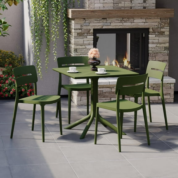 WestinTrends Playa Modern 5-Piece Resin Patio Dining Table Set with Stackable Patio Dining Chairs, Olive Green