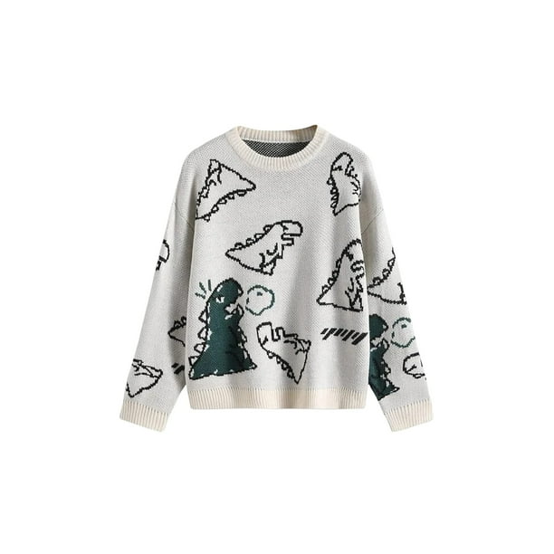 Canrulo Women Cartoon Dinosaur Print Sweater Loose O Neck Knitted Long  Sleeve Pullover 90s Preppy Streetwear White S 