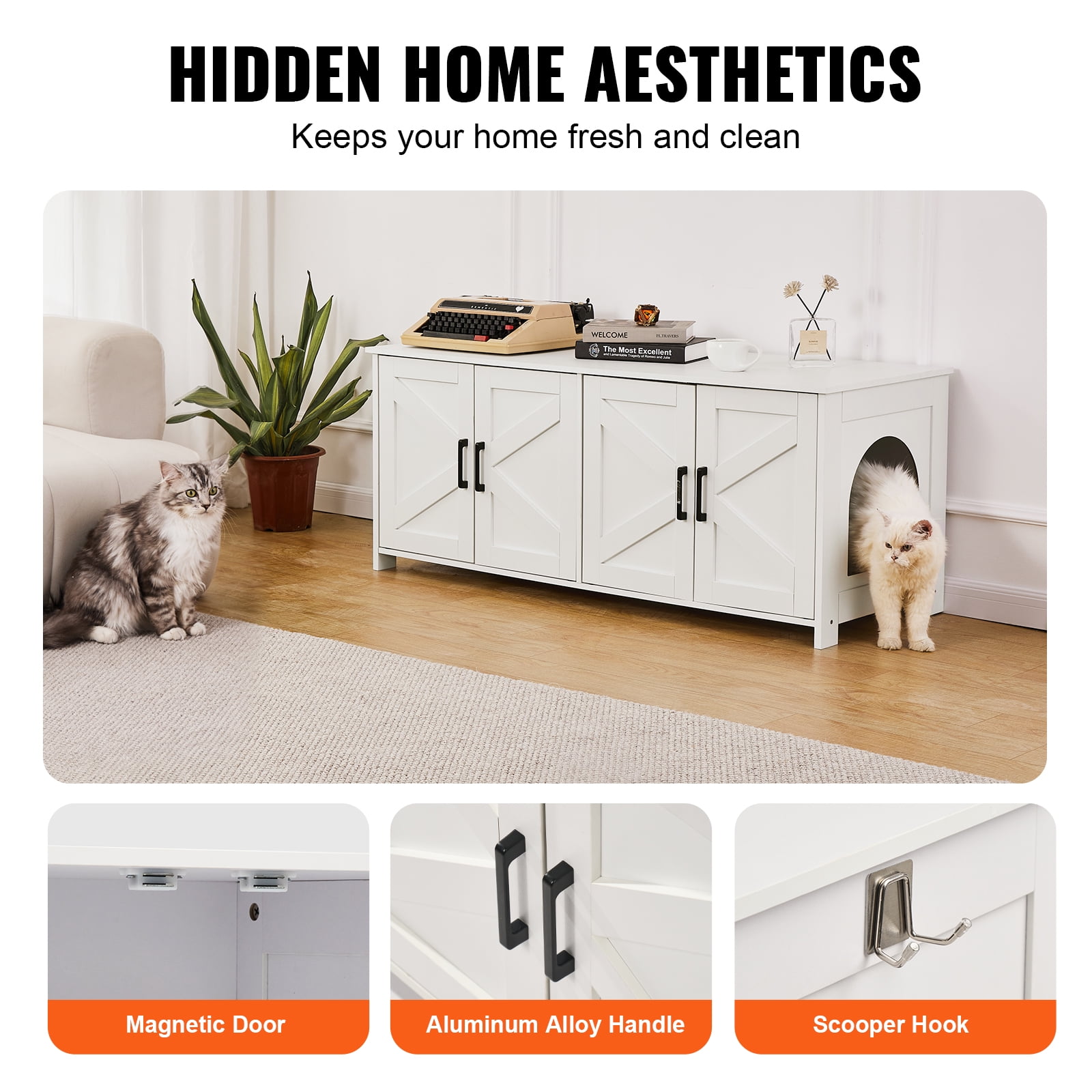 KFFKFF Dual Cat Privacy Litter Cabinet, Spacious Wooden Enclosure for Multiple Cats, Conceals Litter Pans, 47.2"L x 18.5"W x 19.7"H, in White
