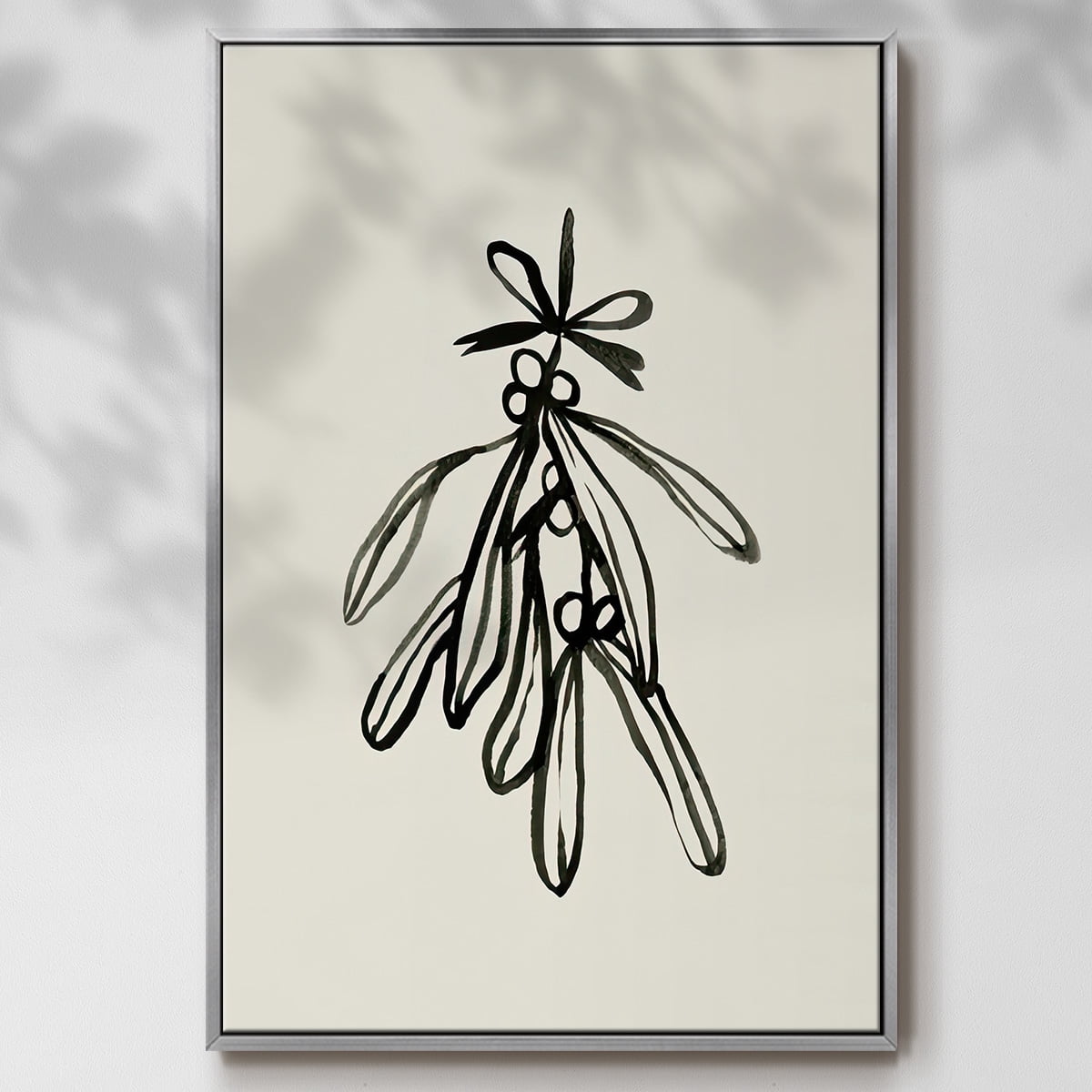 Mistletoe Sketch with Bows II - Framed Gallery Wrapped Holiday Canvas - 17 x 25 - Silver Frame