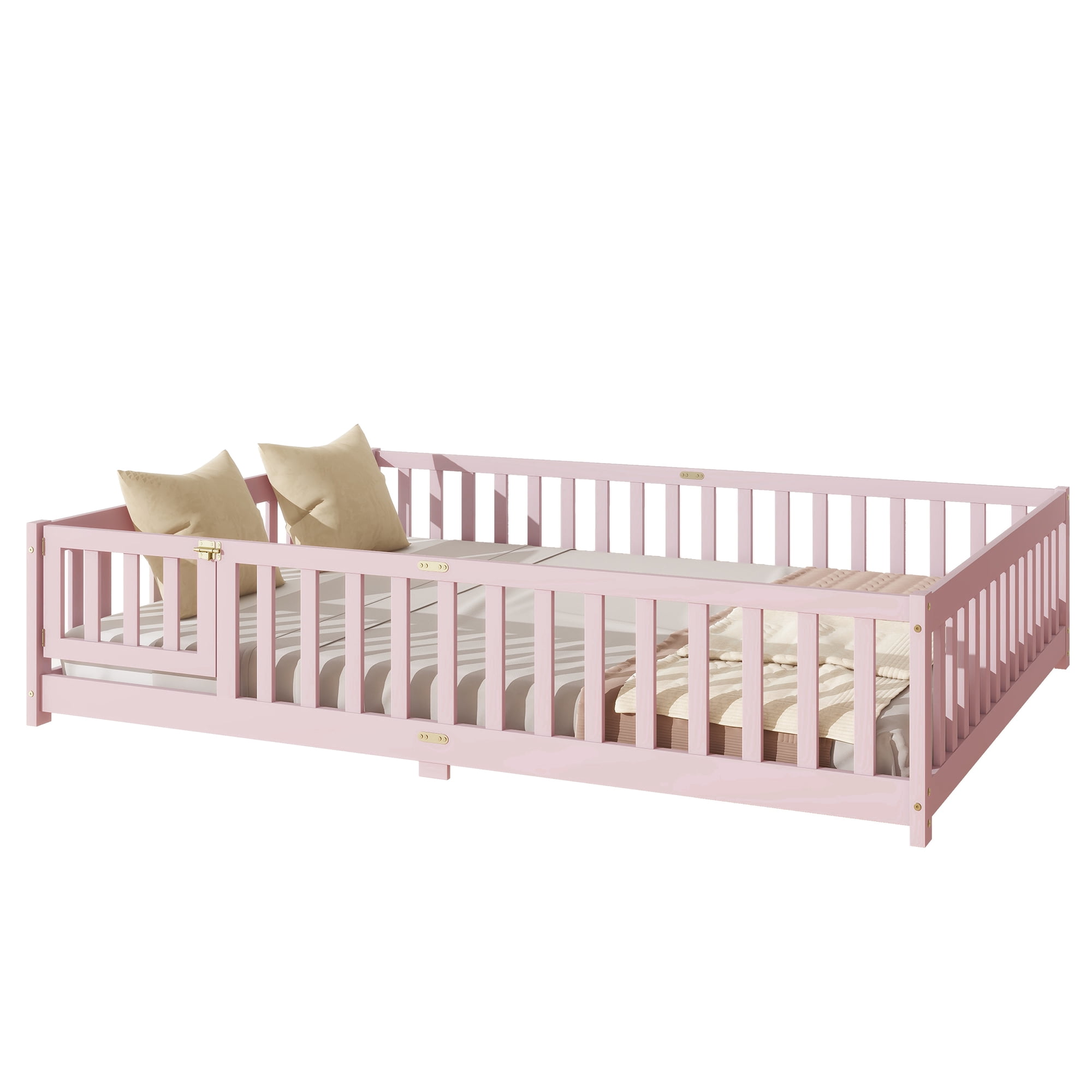 Sailvan Queen Floor Bed with Fence and Door, Solid Wood Kids Platform Bed Frame Pink