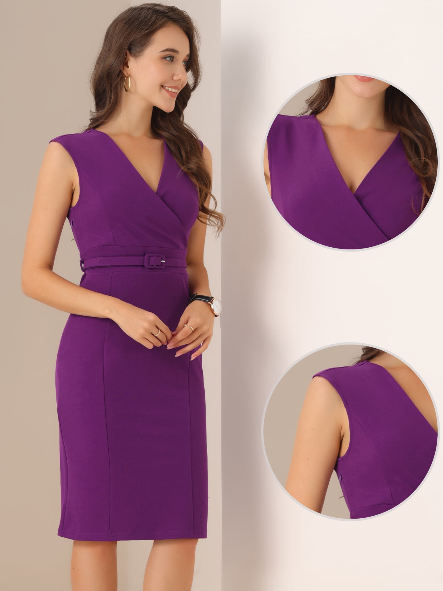DARING DIVA Pencil Sleeveless Wrap V Neck Belted Office Dresses S Dark Purple