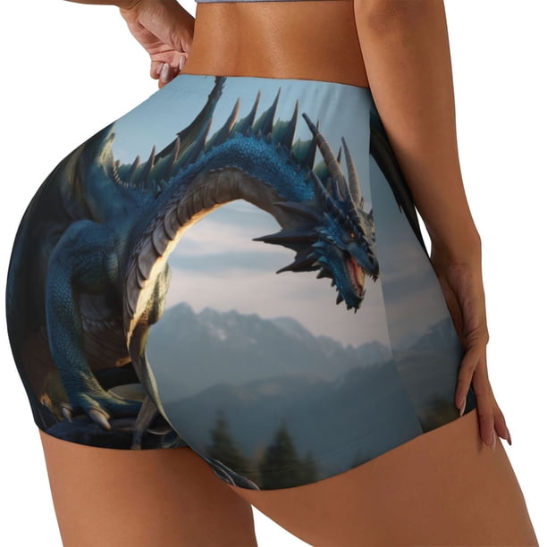 Fotbe Wild Blue Cool Dragon Shorts Sin Costuras – Shorts Deportivos de Cintura Alta para Mujer, Elásticos para Gimnasio, Yoga, Running o Ciclismo-XX-Large