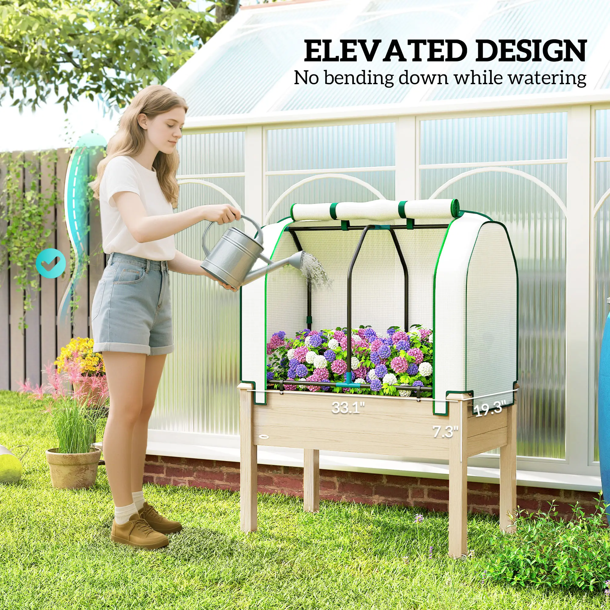 Raised Garden Bed with PE Cover, Fir Wood & Steel Frame, Roll-Up Ventilated Cover, Non-Woven Fabric, 4 Drainage Holes for Flowers Vegetables Outdoor