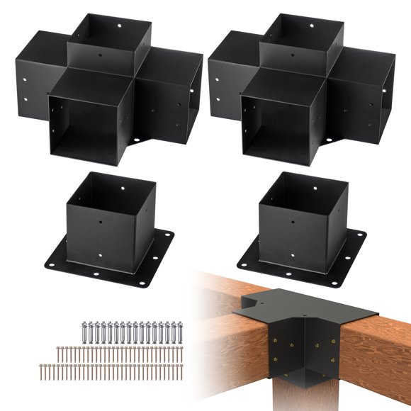 VEVOR Pergola Bracket Kit 6''x6'', 4pcs 4-Way Heavy Duty Corner Bracket Woodworks DIY Post Base Kit, Easy Installation Wooden Beams for Gazebos, Patio Pergolas, Log Cabin Outdoor Pergola Hardware
