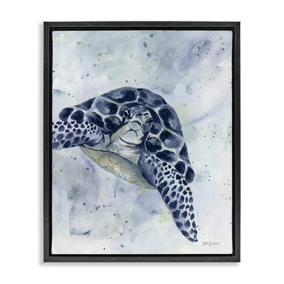 Stupell Industries Swimming Blue Turtle Animals & Insects Painting Black Floater Framed Canvas Art Print Wall Art, 17 x 21