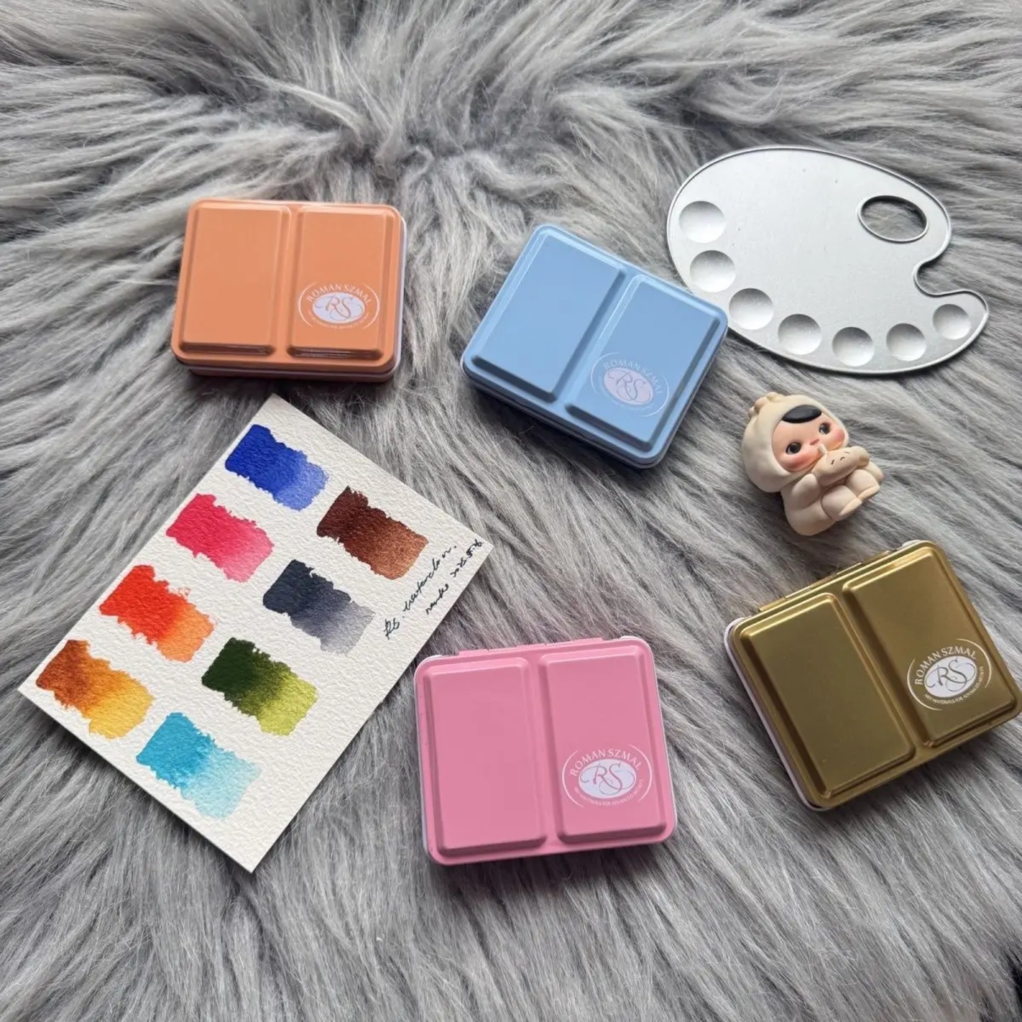 Roman Szmal Artists Watercolors Set 8 Half Pans Mini Metal Pink Box, Portable Watercolor Paints for Adults & Artist