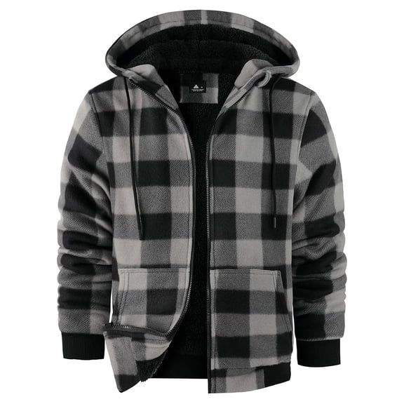 Yievot Thick Flannel Plaid Jackets for Men Sherpa Thermal Fleece Lined Hoodies Full Zip Up Hoodie Winter Outwear