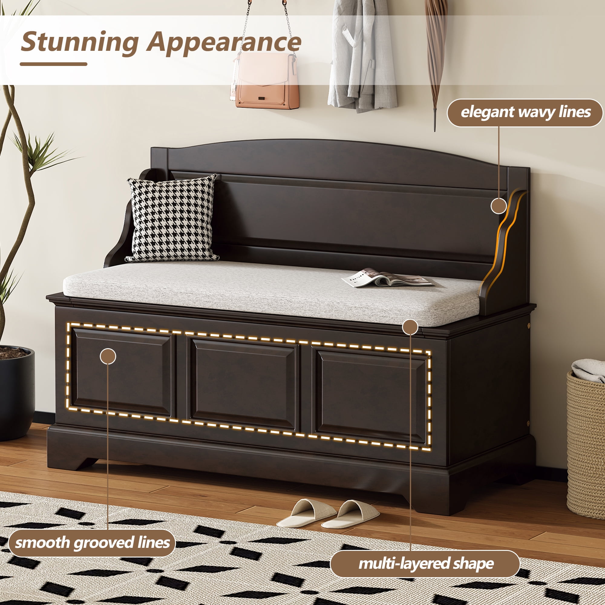 Euroco Vintage Wooden Shoe Storage Bench with Cushion, Carved Panel Design, Lift-Top Compartment, Entryway Seating