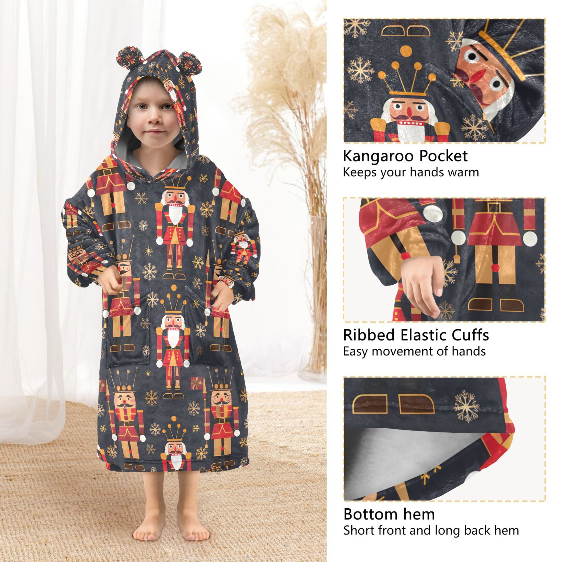 joogoo Wearable Blanket Hoodie for Christmas Golden Nutcracker Oversized Sherpa Hooded 3-14 YR M