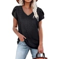thumbnail image 1 of Camiseta de manga corta con pétalos para mujer, camiseta informal con cuello en V y agujeros ahuecados para uso en verano, color negro S, 1 of 5