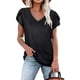 thumbnail image 1 of Camiseta negra con escote en V y mangas de pétalos con detalle calado, corte holgado para días informales, talla M Summer Chic, 1 of 5