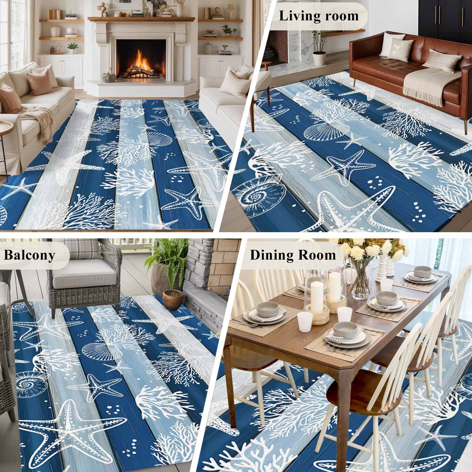 Large Area Rugs for Living Room Bedroom, Navy Blue Coastal Beach 8'x10' Rug Washable Carpet Runner Indoor Outdoor, Nautical Starfish Coral Vintage Wooden Non Slip Floor Mats Rug for Kitchen, Patio