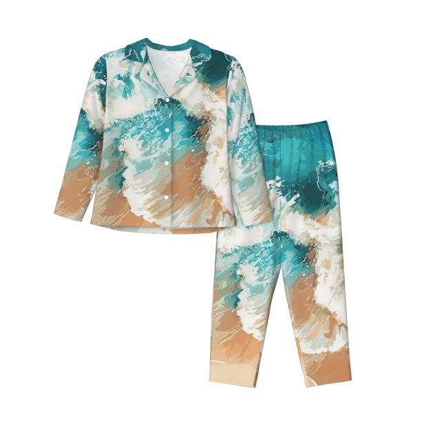 Balery Ocean Wave Crash Conjunto de Pijama con Estampado para Mujer, Conjunto de Dos Piezas con Manga Larga, Ropa de Dormir Suave con Bolsillos, Pijamas Cómodos-XX-Large