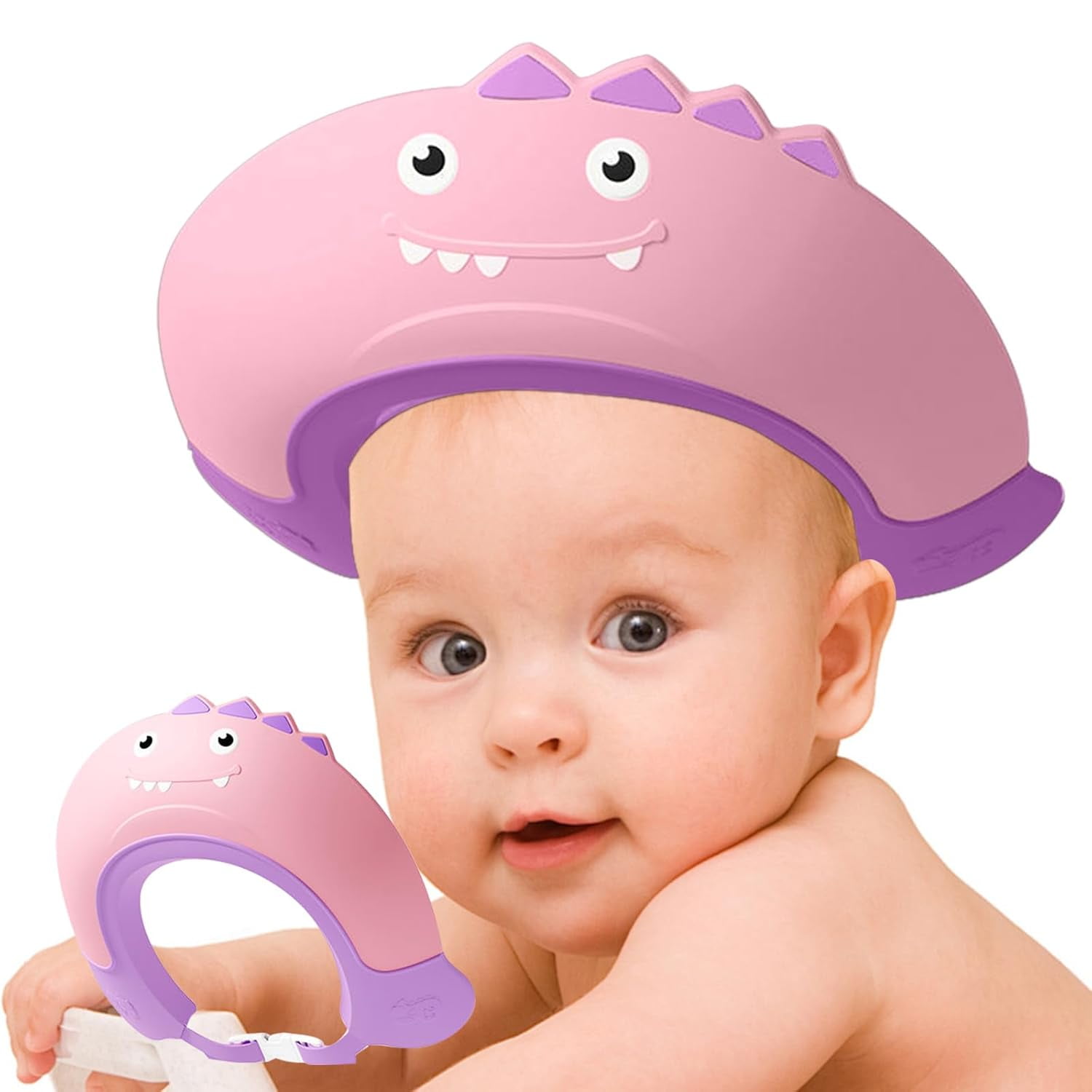 OQRKI Baby Shower Cap Shield Shower Cap for Kids Visor Hat for Eye and Ear Protection for 0-9 Years Old Children Cute Dinosaur Shape Makes the Baby Bath More Fun… (Pink)