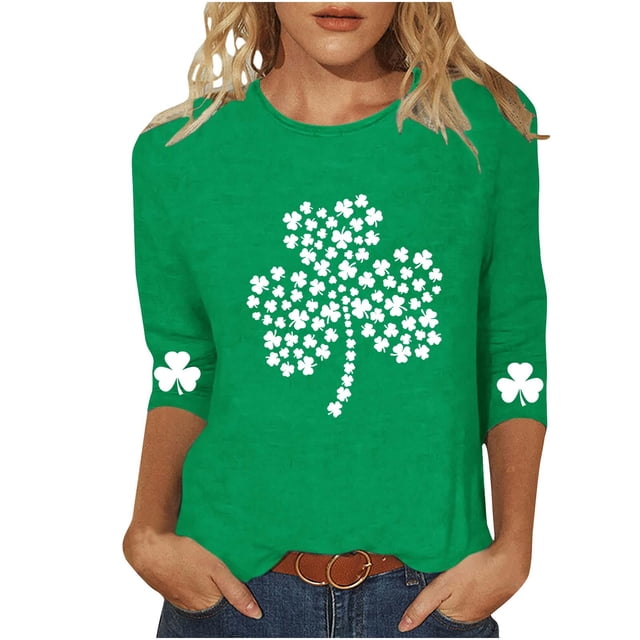 vdgthytj T-Shirts pour Femmes de la Saint-Patrick à Manches 3/4, Grande Taille, Col Ras du Cou, Trèfle, T-Shirt Graphique pour les Fêtes