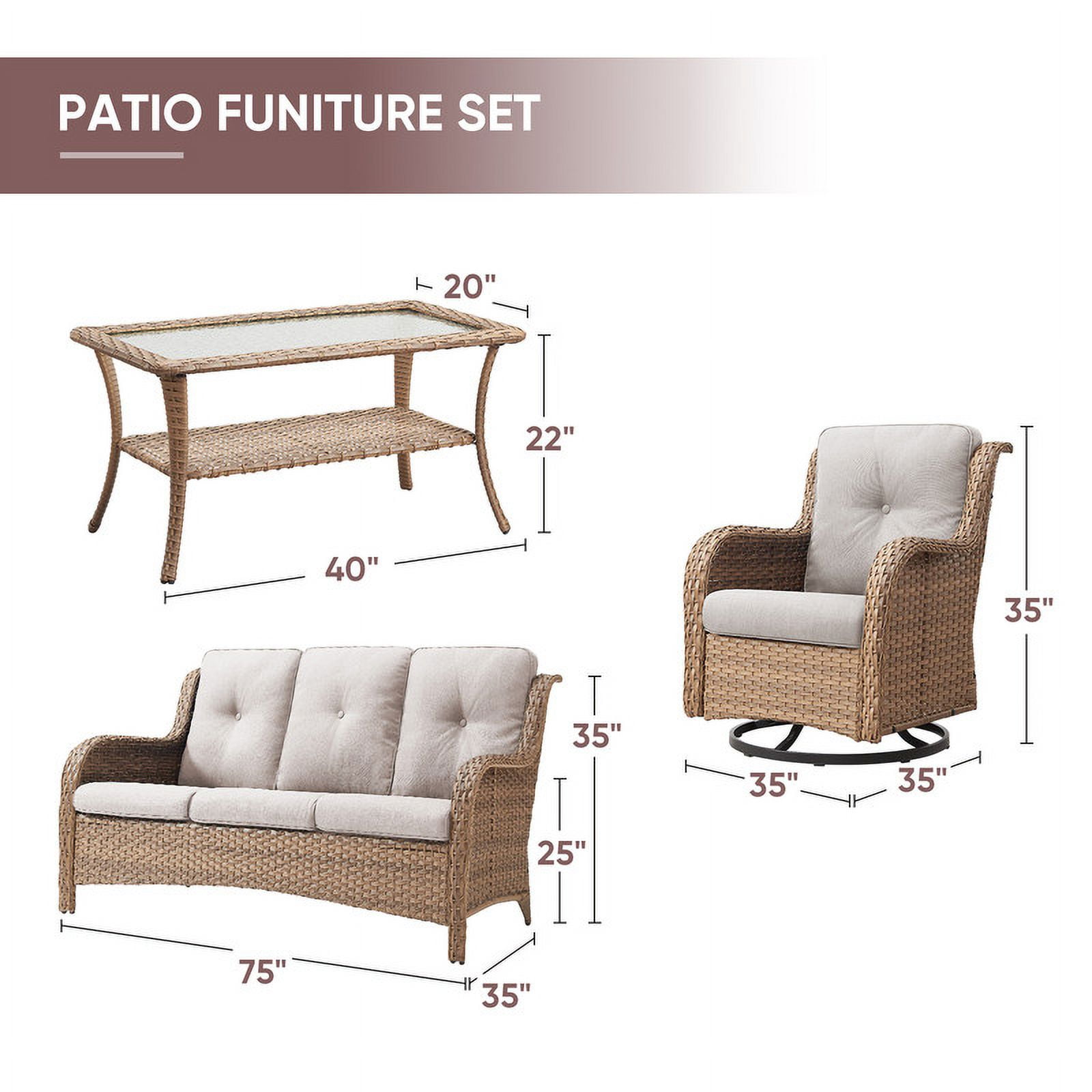 PARKWELL 4 Pieces Outdoor Patio Furniture Set Wicker Rattan Swivel Glider Chairs Cushioned Sofa Coffee Table All-Weather Conversation Sectional with Anti-Slip Cushions for Balcony