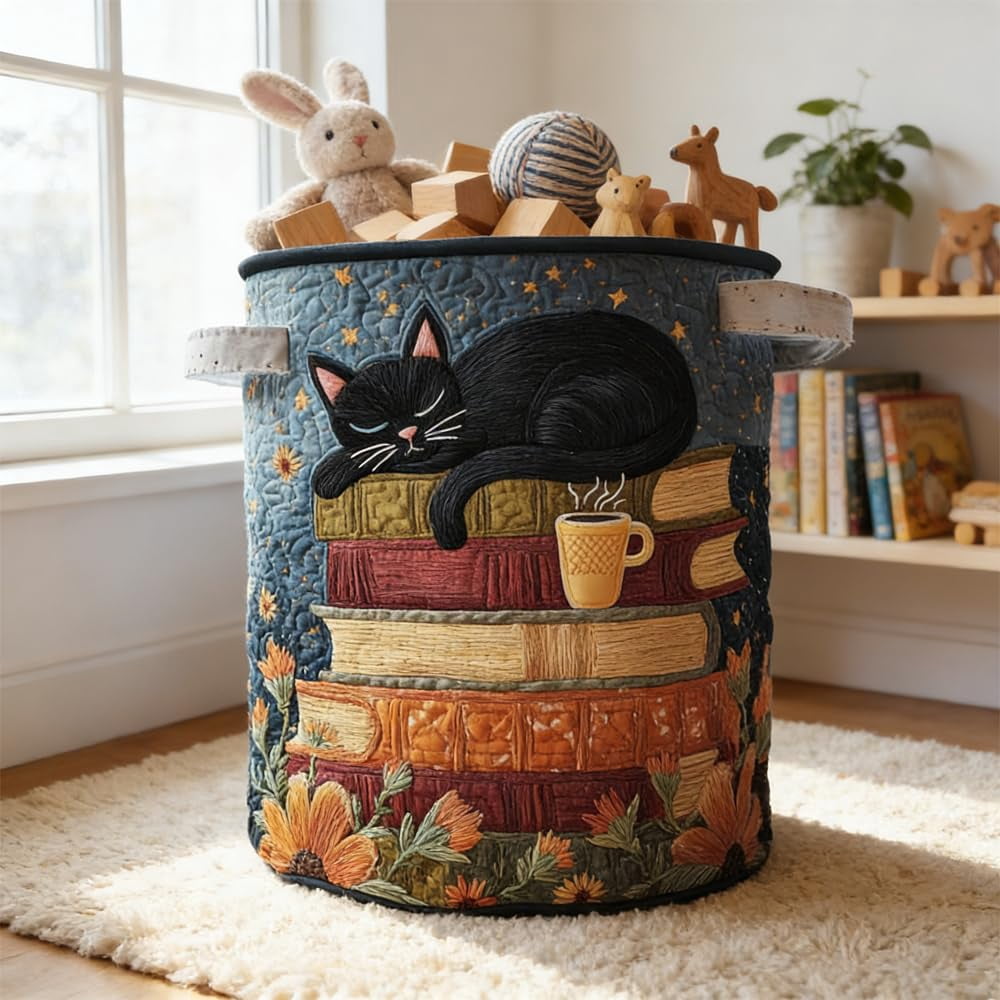 Cat Quilted Laundry Basket - 18"/22"/28", 2026 Large Quilted Cat Laundry Basket with Handles, Cozy Cat Fabric Storage Hamper for Nursery, Bedroom, Laundry Room, Clothes & Toys (1, S 14"X18")