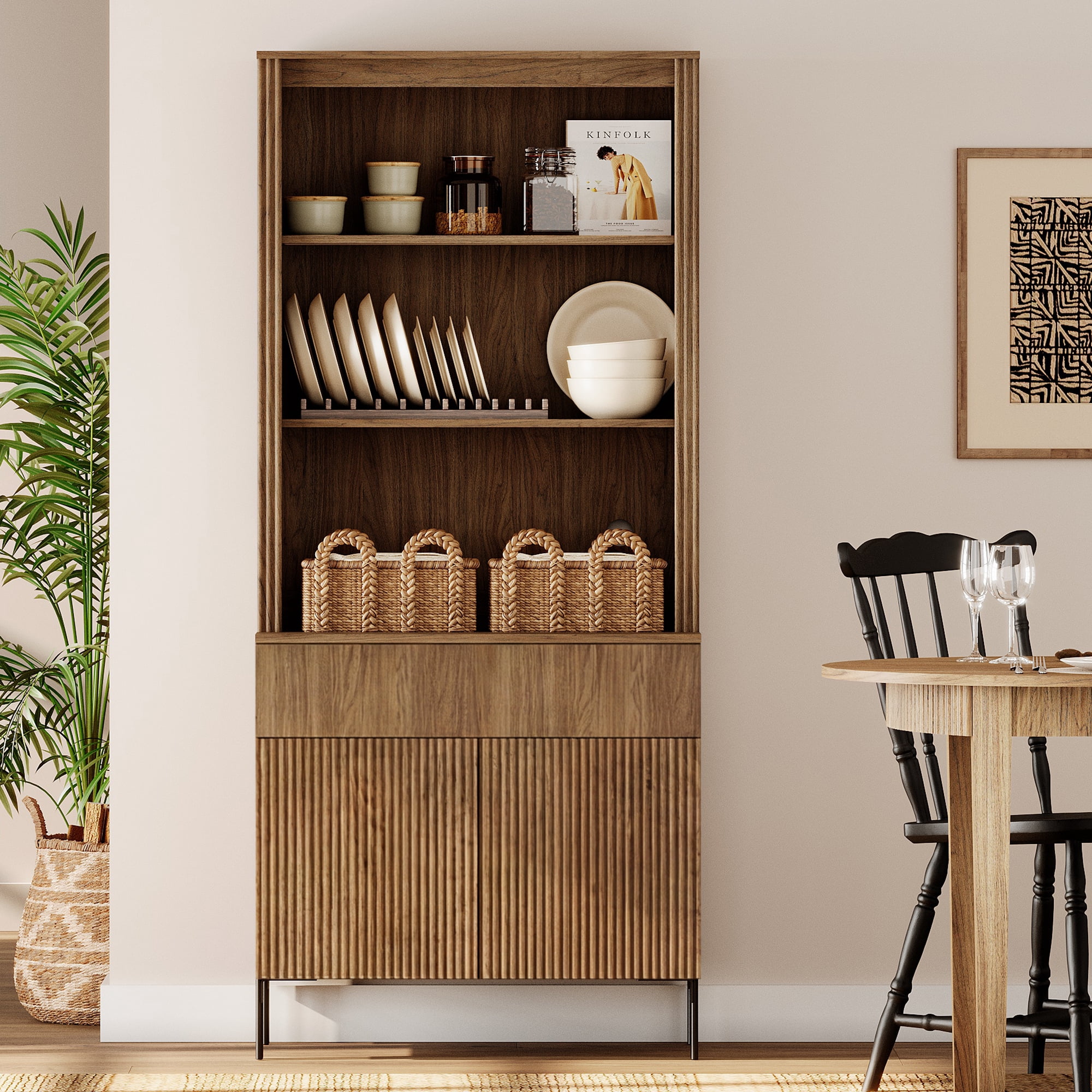 71.6" Tall Fluted Kitchen Pantry Cabinet with Drawer, Wood Bookcase Display Cabinet with Doors and Adjustable Shelves, Modern Versatile Cupboard For Dining Room, Bedroom
