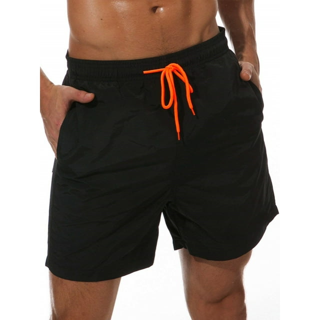 Daeful Boardshorts Elastic-Waist Swimsuit Drawstring Beach Pants Men Fitness Sports Solid Color Bathing Suit Black M