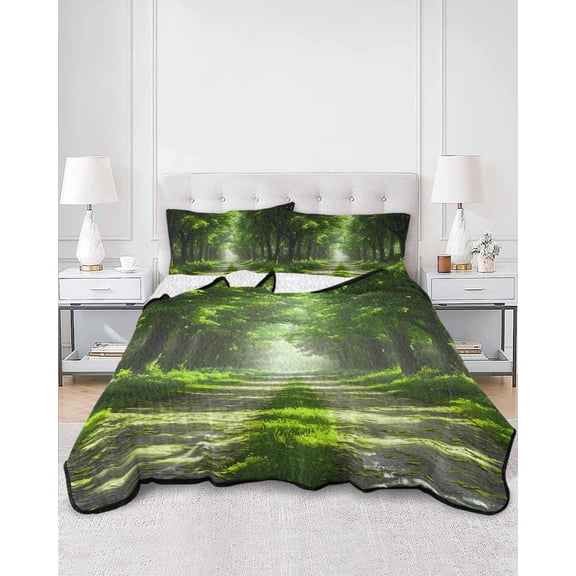 Quilts Queen Size, Green Trees Soft Comforter Bedding Set for Bed, Forest Art Decor Spring Summer Nature Leaf Lightweight Quilted Bedspread with Pillow Cover(2 Pieces) for All Season, 90x96 Inch