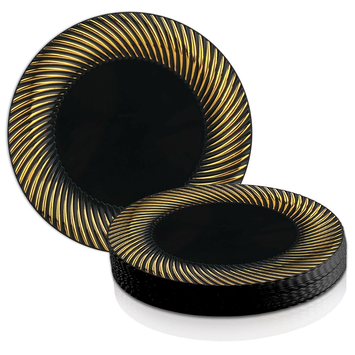 Smarty 10.25" Black Gold Swirl Rim Disposable Plastic Dinner Plates