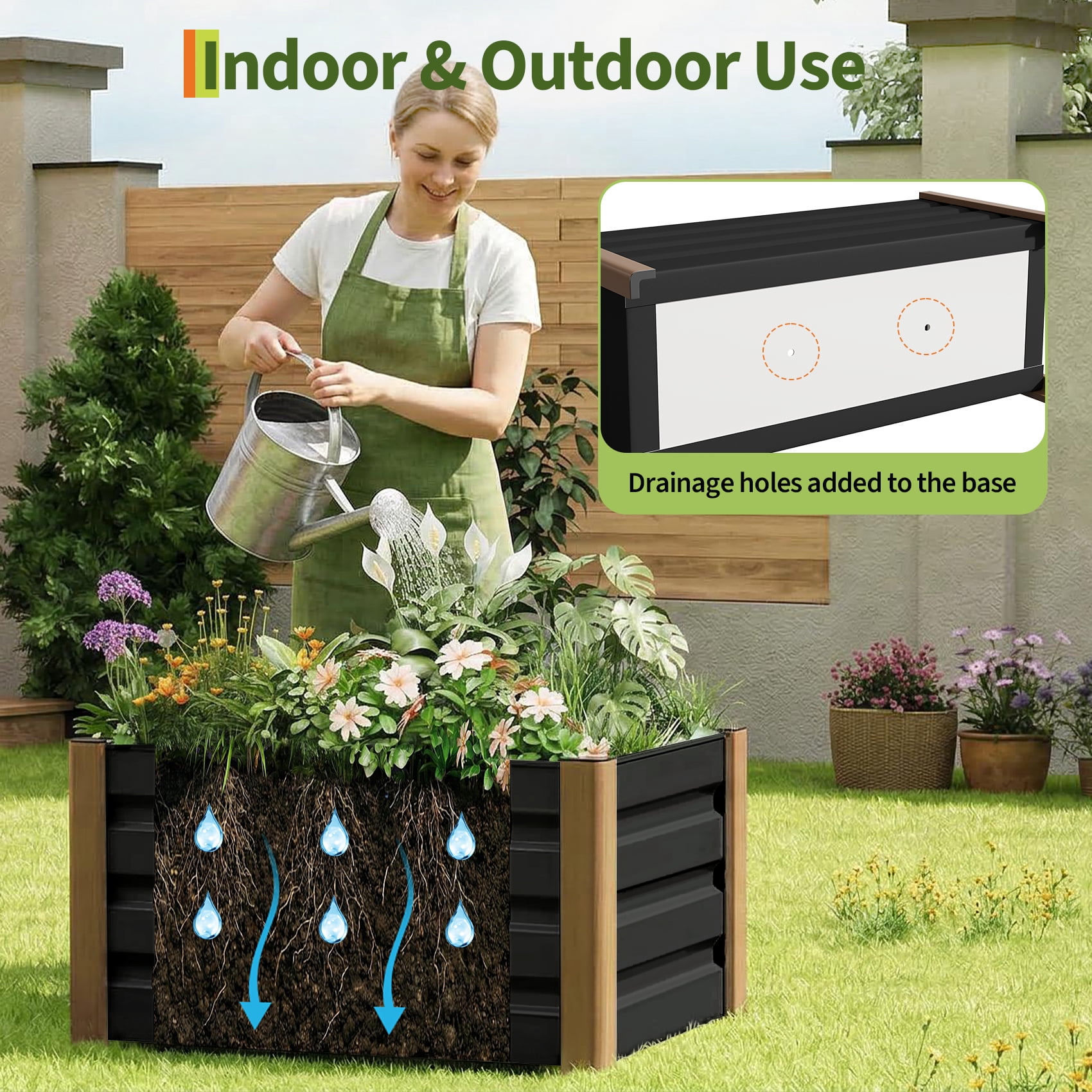 Weatherproof Aluminum Raised Garden Bed Planter Box -  Rounded Corners, Single-Layer Design, Drainage Holes, Anti-Cut Edging - Ideal for Outdoor Patio, Balcony, Lawn Planting