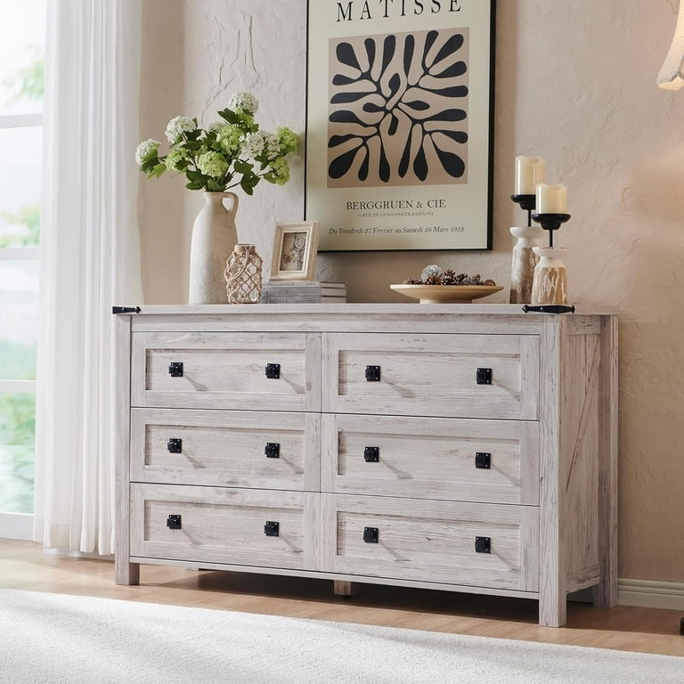 modern farmhouse tall dresser 6 Drawer Tall Dresser for Bedroom, Modern&Farmhouse Wood Dresser with Metal Handles, Tall Dressers Organizer, Chest of Drawers, Clothes Storage Organizer(Gray Wash)