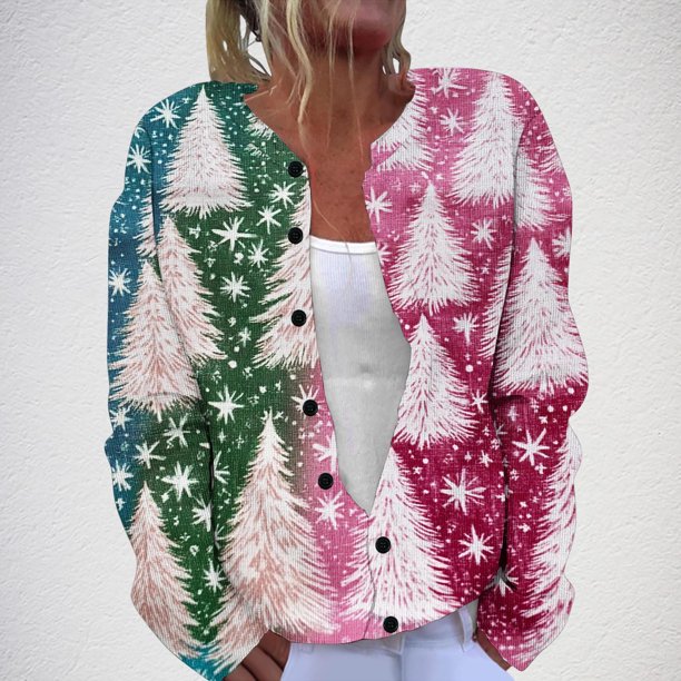 Chaqueta y abrigo informal de manga larga sin capucha para mujer, cárdigan de punto con estampado navideño informal, chaqueta abotonada, abrigo, blusa de poliéster para mujer