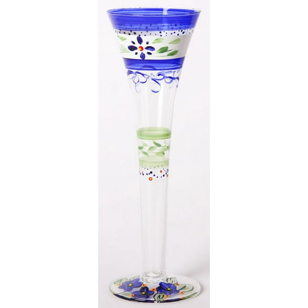 Set of 2 Blue Floral Hand Painted Hollow Stem Flute Drinking Glasses