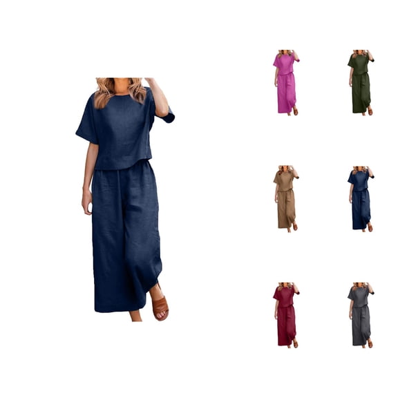 Women Cotton Suit Fashion Comfortable Short Sleeve And Long Pants Solid Color Woman Capri Pants For Summer
