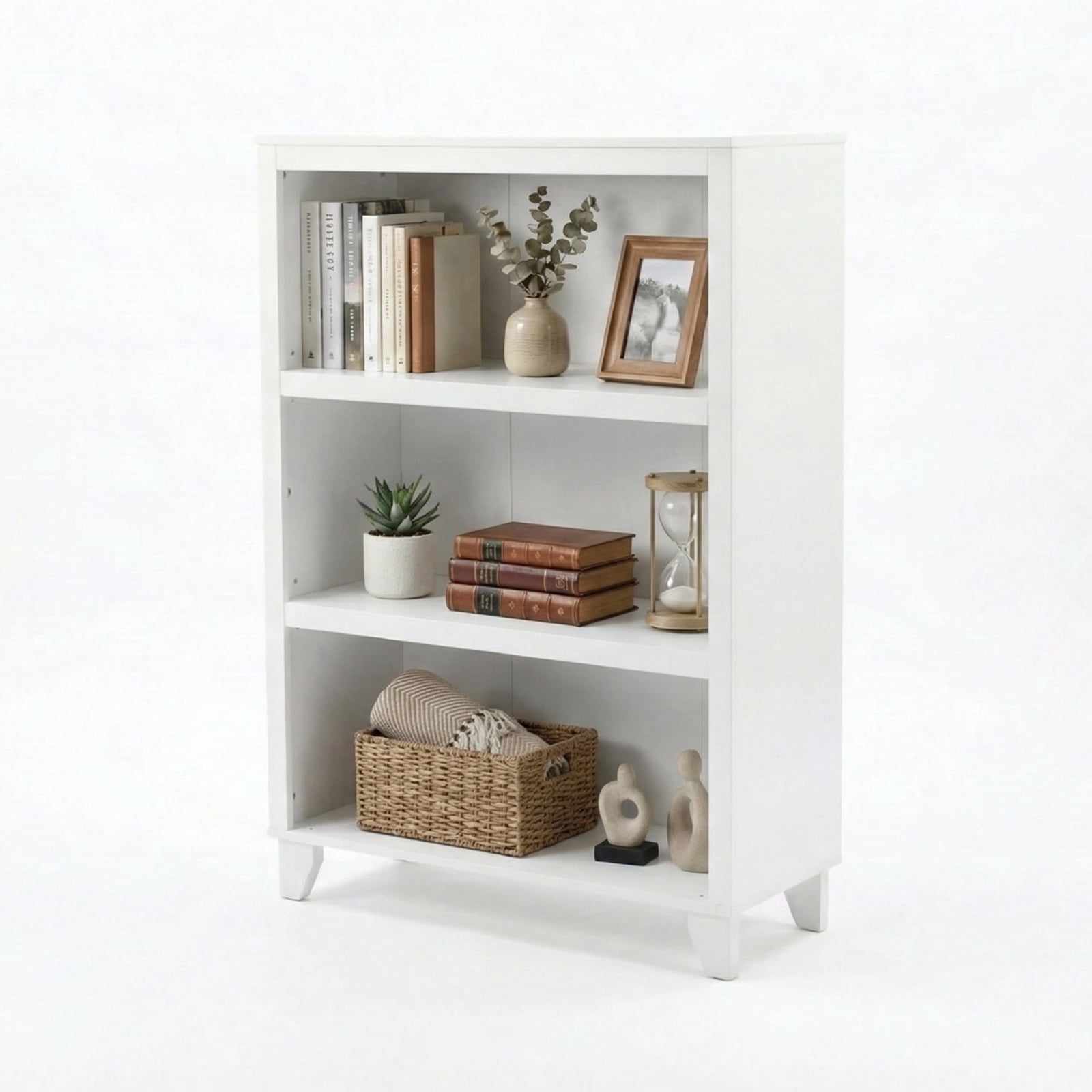3-Tier Bookcase with Adjustable Shelves，27.56"W x 11.83"D x 40.16"H Floor Standing Open Bookshelf with Wood Legs for Home Office, Living Room, and Bedroom Storage,White