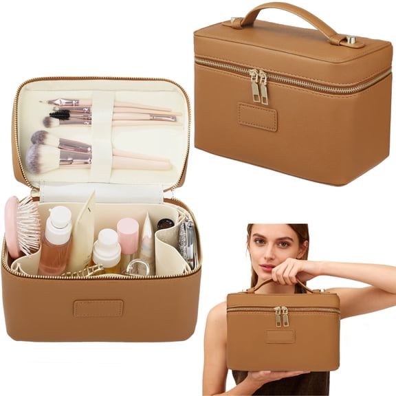 PU Leather Travel Makeup Bag, Large Capacity Zippered Cosmetic Organizer with Removable Liner, Waterproof Toiletry Bag, Portable Cosmetic Case for Women Skincare Brushes Accessories
