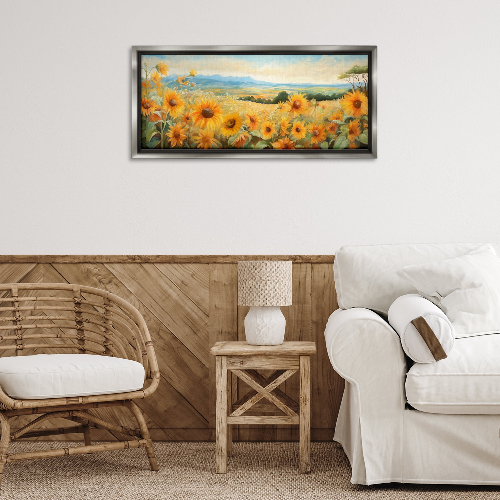 Stupell Industries Sunflower Fields Panorama Landscape & Nature Painting Gray Floater Framed Canvas Art Print Wall Art, 31 x 14