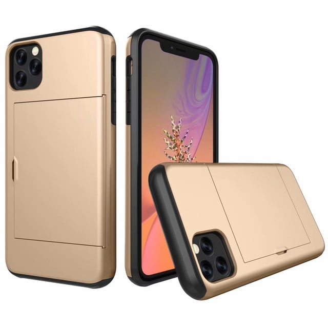 iphone 12Pro Max Case Hybrid Rugged Hard Back Cover with ID Credit Card Slot Holder Wallet Case for Apple iphone 12Pro Max - Gold