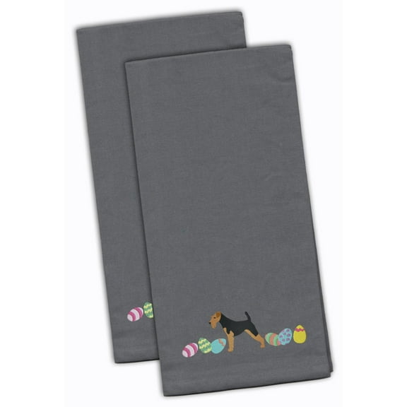 Airedale Terrier Easter Gray Embroidered Towel Set of 2