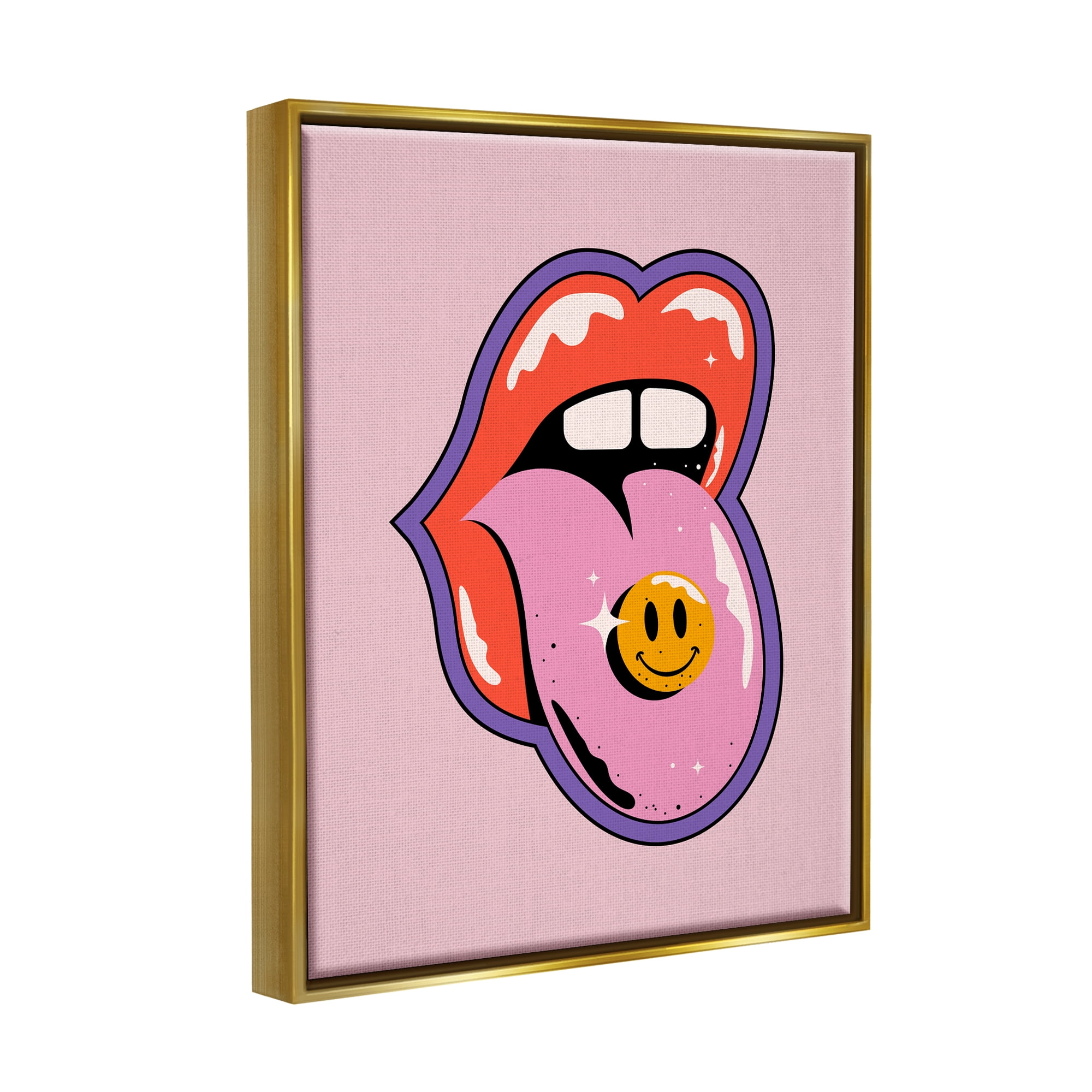 Stupell Industries Retro Lips with Smiley Abstract Painting Gold Floater Framed Canvas Art Print Wall Art, 25 x 31