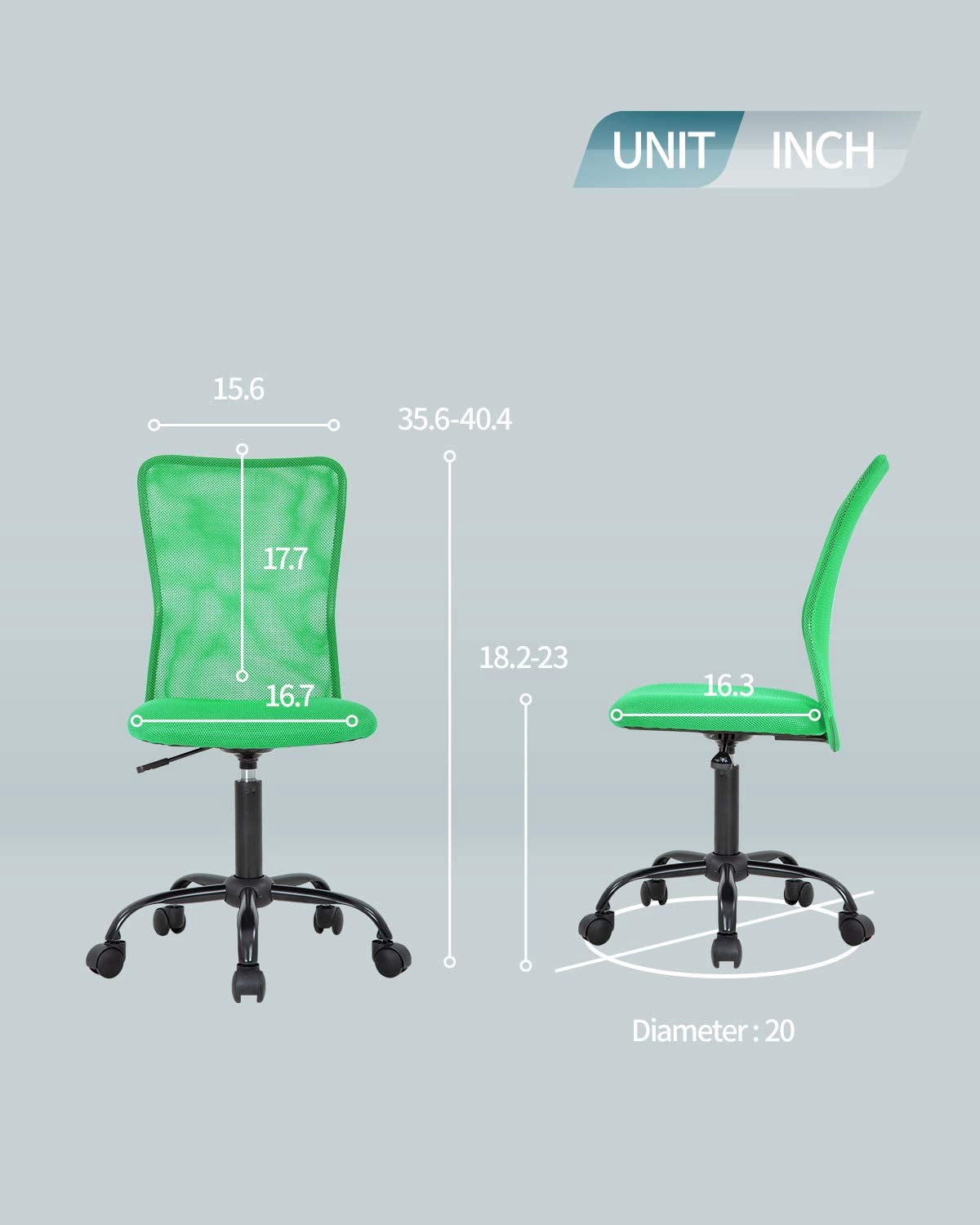 Armless Office Chair Mesh Desk Chair Adjustable Mesh Computer Chair No Arms Task Rolling Chair with Quiet 360°Swivel Wheels for adults, Green