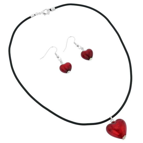 GlassOfVenice Murano Glass Venetian Reflections Puffed Heart Necklace and Earrings Set - Red