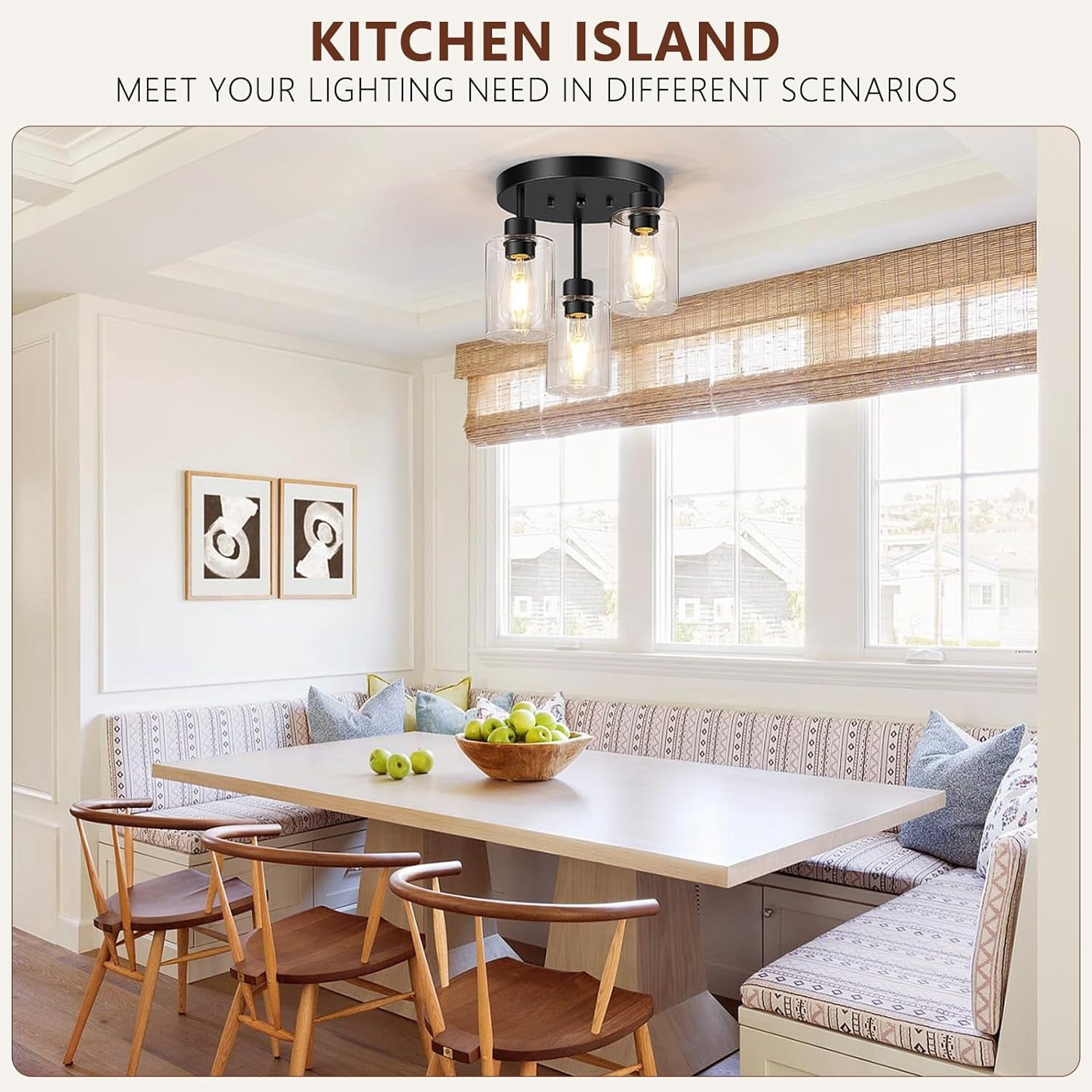 Licperron Farmhouse 3-Light Black Flush Mount Ceiling Light Fixtures with Clear Glass Shades