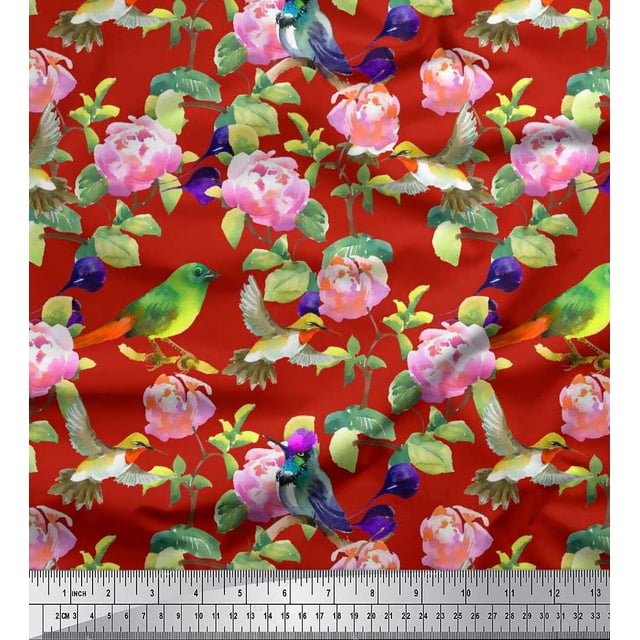 Soimoi Cotton Poplin Fabric Leaves,Floral & Hummingbird Bird Fabric Prints By Yard 56 Inch Wide