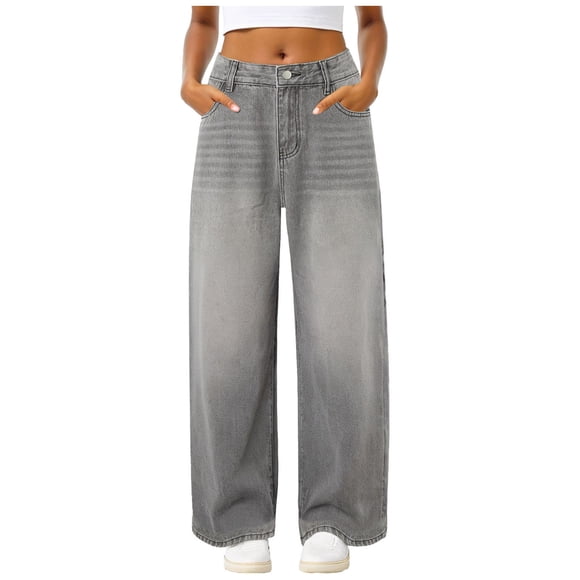 HSMQHJWE Straight Leg Jeans for Women High Waisted Jeans Frayed Baggy Pants Hem Loose Stretchy Cropped Wide Leg Jeans