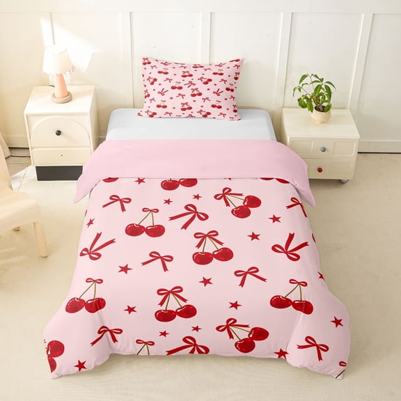 spefrowx Pink Summer Cherry Twin Duvet Cover for Women, Kawaii Bow Star Twin Bedding, Pink Reversible, 2-Piece, 1 Duvet Cover and 1 Pillowcase