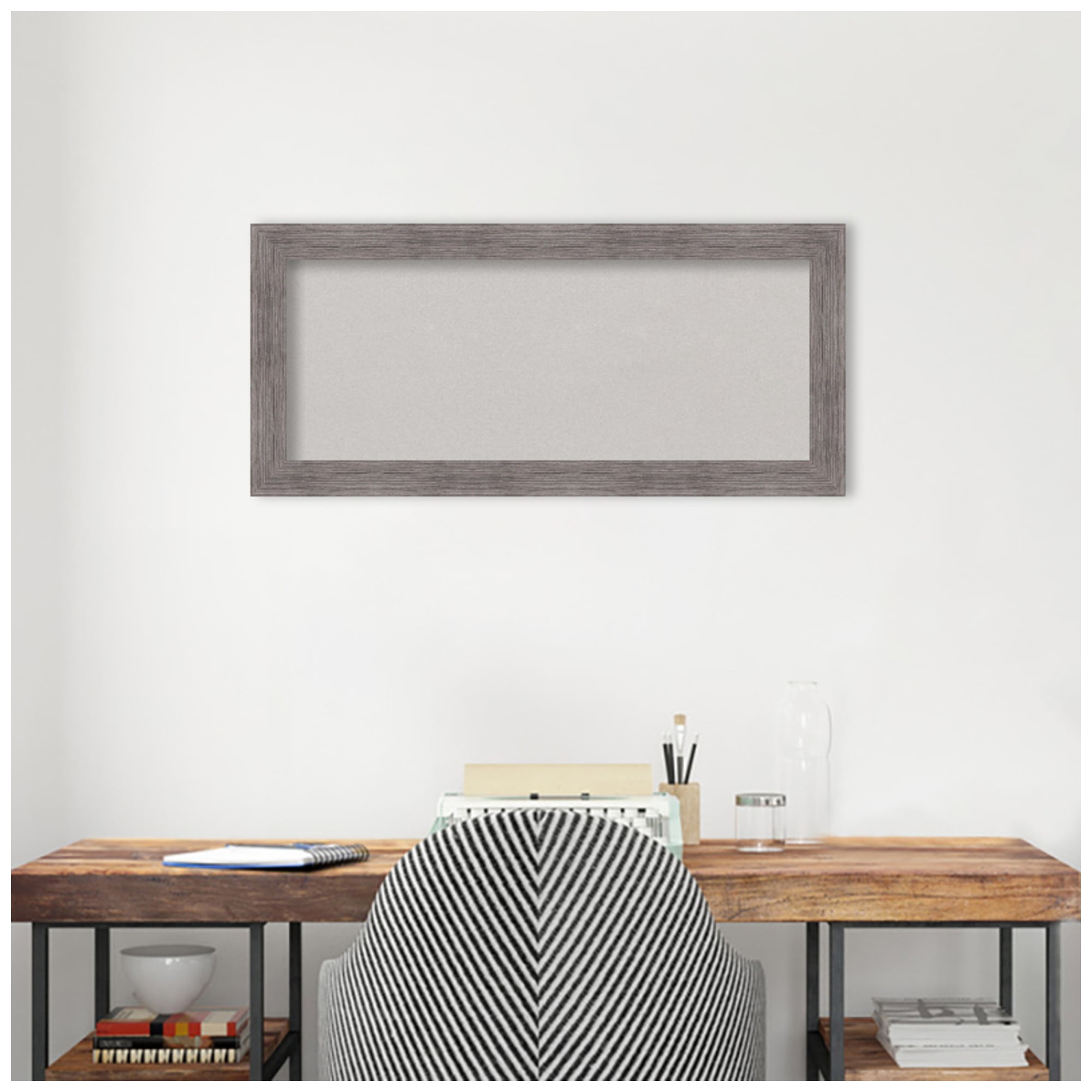 Amanti Art Grey Cork Board Framed Pinstripe Plank Grey Narrow Bulletin Board 33 in. x 15 in.