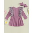 thumbnail image 4 of Bagilaanoe Toddler Baby Girl Fall Dress Ribbed Long Sleeves A-line Princess Dresses Headband 3M 6M 9M 12M 18M 24M 3T Infant Autume Casual Sundress, 4 of 8
